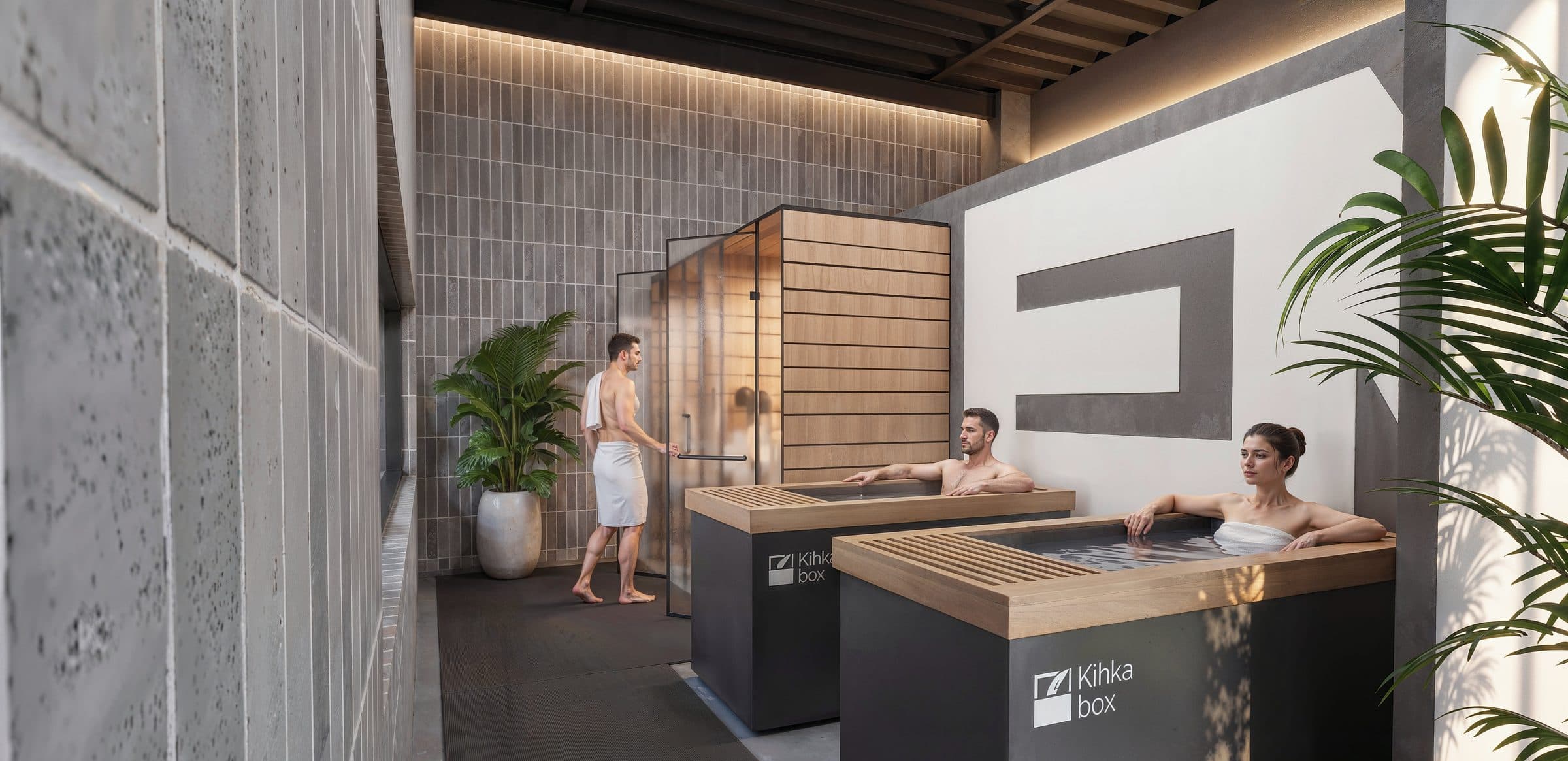 Zona de recuperación con tinas de agua fría y sauna